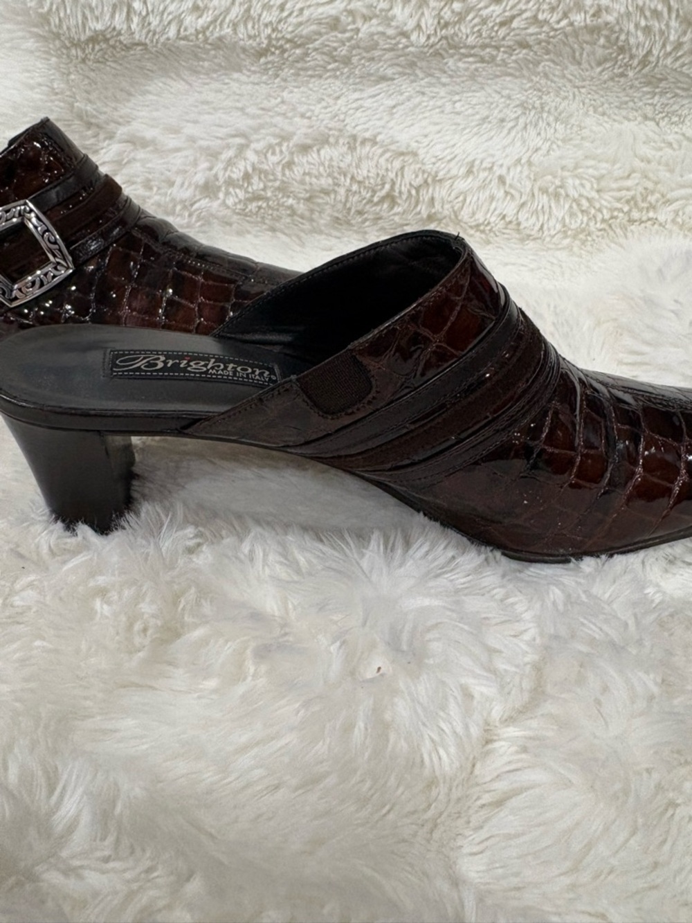 Brighton Dark Brown Croc-Embossed Slip-On Mules with Silver Buckle - Picture 3 of 12